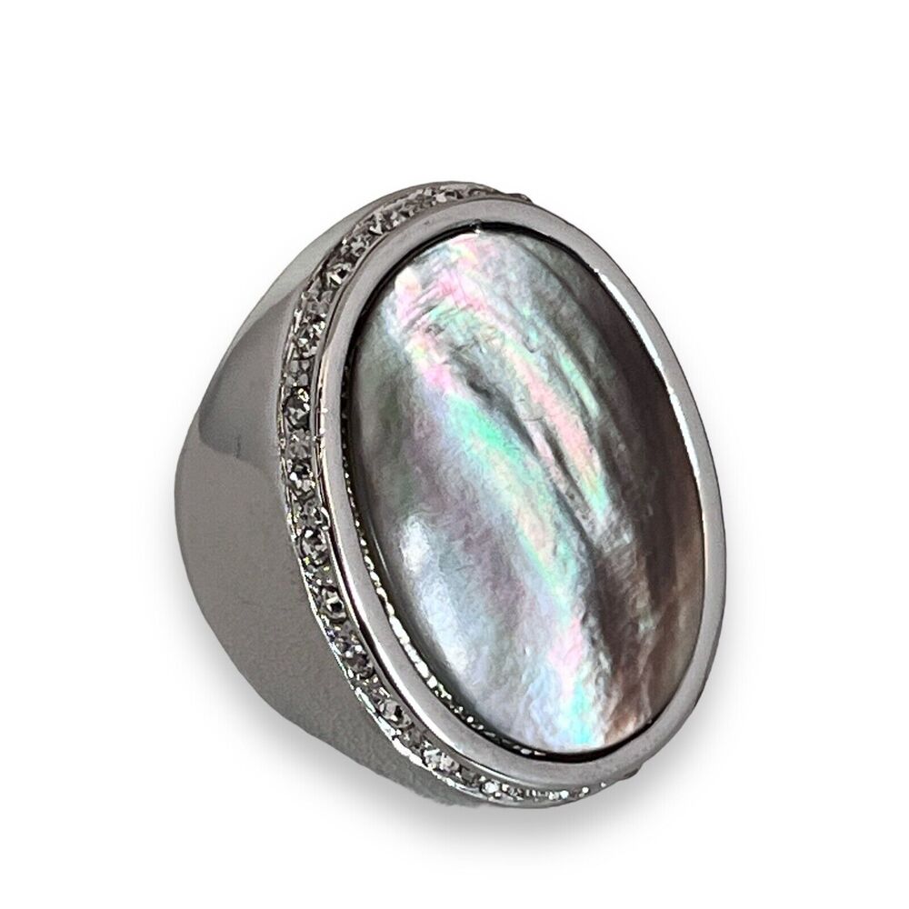 New Mother of Pearl Statement Ring Silver Tone Crystal Oval Size 7 - 2U